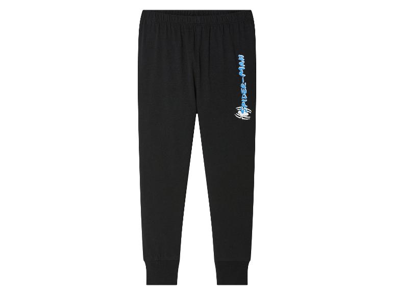 Schwarze Hose mit Spider-Man-Motiv.