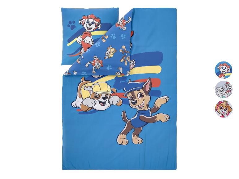 Blaues Bettwäsche-Set mit Cartoon-Welpen-Charakteren.