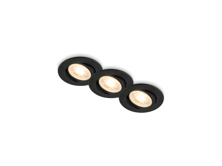 Drei schwarze, schwenkbare LED-Einbauleuchten von BRILONER.