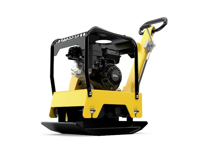 Gelbe und schwarze Rüttelplatte mit Motor, Vorderansicht.