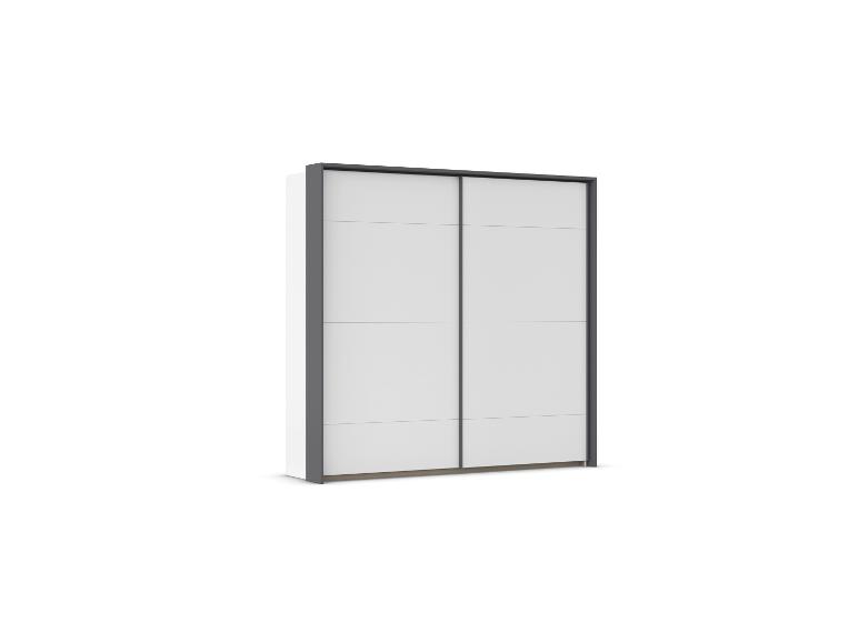 Weißer und grauer Schwebetürenschrank mit zwei Fächern.