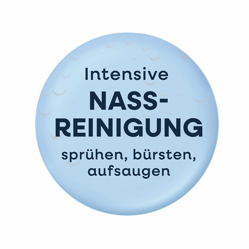 Intensive Nassreinigung: sprühen, bürsten, aufsaugen.