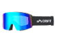 Skibrille mit mehrfarbiger Spiegelscheibe und schwarzem Band mit Logo.