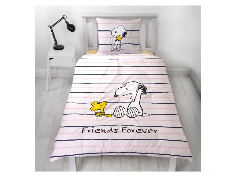 Snoopy Kinderbettwäsche mit rosa und dunkelblauen Streifen.
