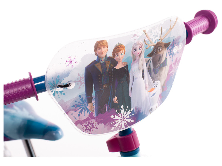 Ein rosafarbenes und blaues Kinderfahrrad mit Frozen-Motiv, inklusive Elsa und Anna.