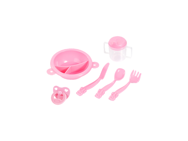 Rosa Puppen-Essgeschirr-Set mit Schüssel, Becher, Besteck und Schnuller.