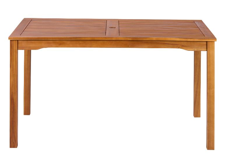 Rechteckiger Gartentisch aus Holz mit Lattenrost, ideal für den Außenbereich.