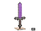 Tischlampe in Form eines lila Pixelschwerts auf einem Sockel im Gaming-Design.