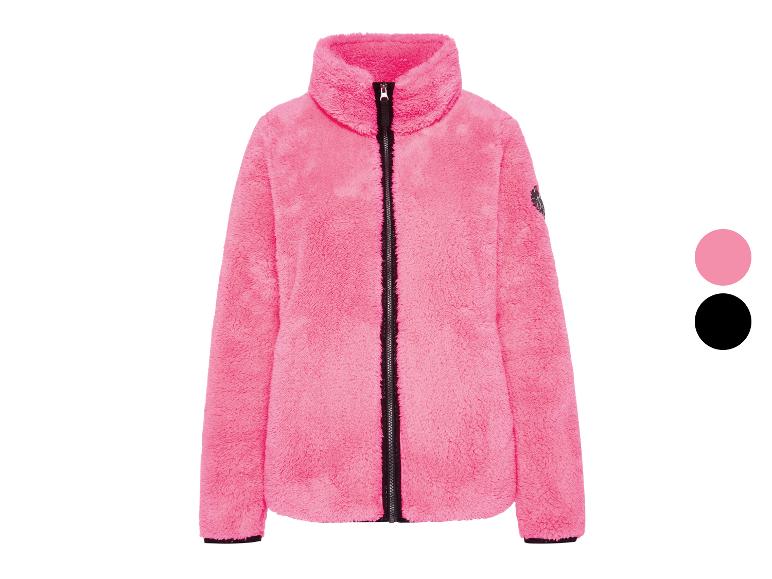 Rosa flauschige Fleecejacke mit schwarzem Reißverschluss und zwei Farboptionen.