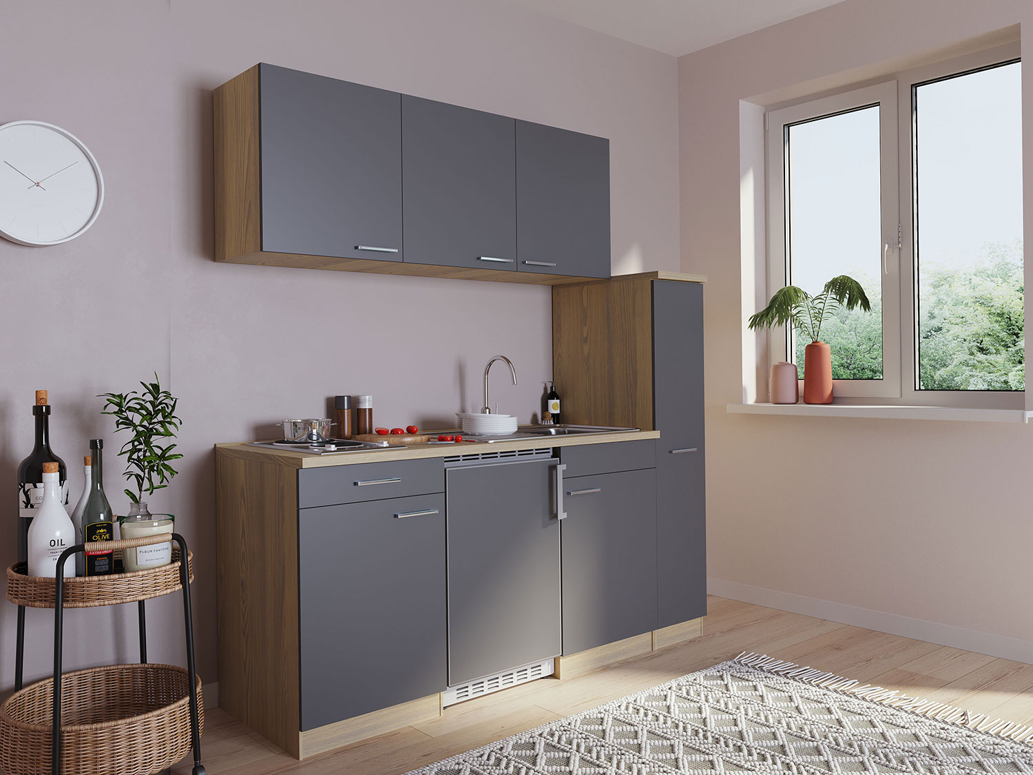 RESPEKTA Singleküche Eiche Sonoma Sägerau 150/160/180cm (ohne Mikrowelle, grau mit Kochmulde, Breite 180cm) – Bild 2 von 4