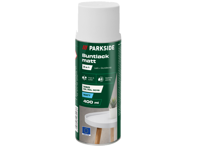 Weißer matter 2-in-1 Sprühlack für innen und außen, wetterbeständig, 400 ml.