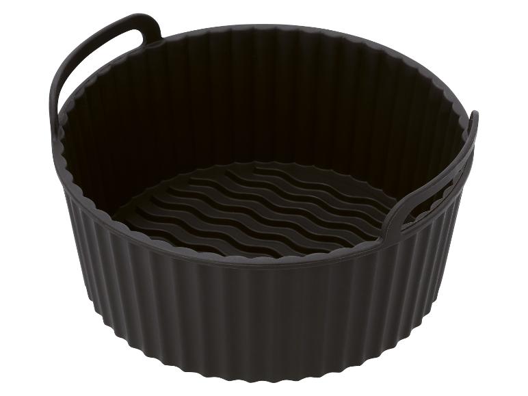 Runder schwarzer Silikonkorb mit Griffen und gewelltem Boden, für Heißluftfritteusen