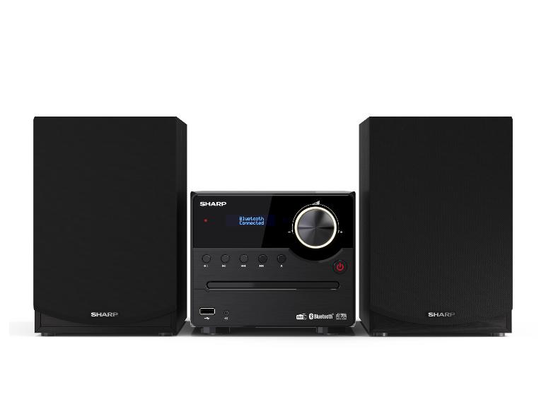 Schwarzes Mikrosystem mit zwei Lautsprechern, zeigt „Bluetooth Connected“.