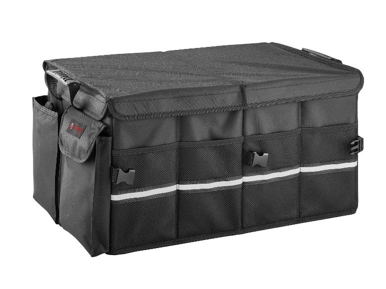 Schwarze Ultimate Support Aufbewahrungsbox mit mehreren Taschen und Fächern.