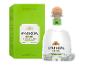 Silber-Tequila in einer klaren Glasflasche mit Korkverschluss und grüner Verpackung.