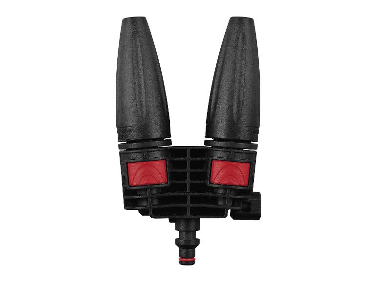Ein schwarzer Gartenschlauchsprühkopf mit zwei Düsen.