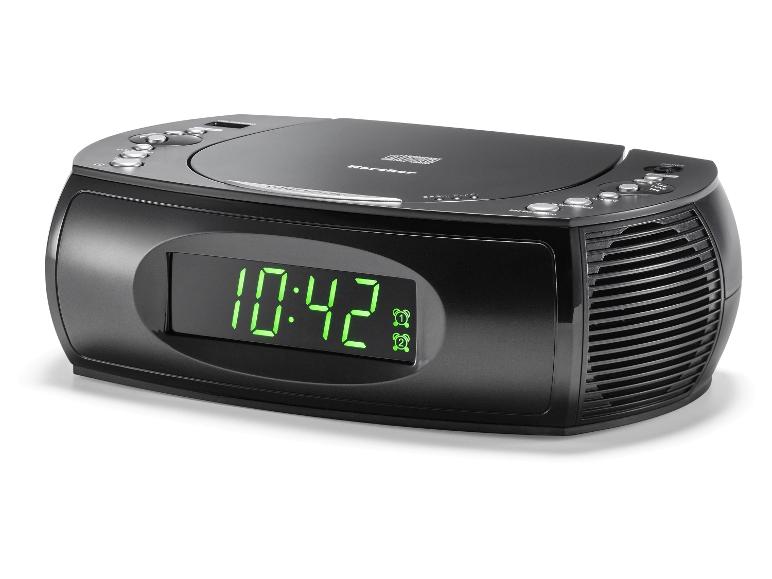 Schwarzer Radiowecker mit CD-Player und grünem Digitaldisplay, das 10:42 anzeigt.