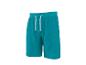 Türkisblaue Sweatshorts mit weißem Kordelzug.