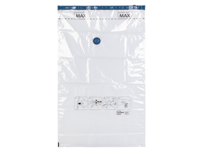 Ein transparenter Vakuumbeutel mit blauem Verschluss, der Marke Livarno.