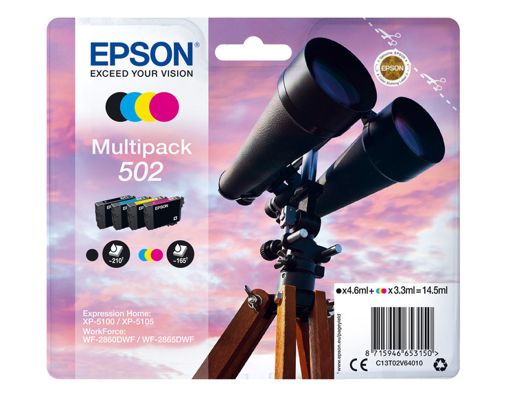 Gehe zu Vollbildansicht: EPSON »502« Fernglas Multipack Tintenpatronen Schwarz/Cyan/Magenta/Gelb - Bild 1