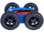 Blau-oranges ferngesteuertes Stuntauto mit großen schwarzen Reifen