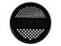Schwarzes, rundes Sieb mit perforierten Löchern und ABS-Kennzeichnung.