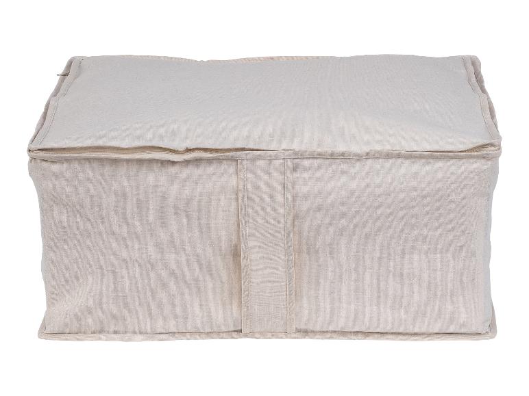 Beige Stoffaufbewahrungsbox, ideal für Kleidung oder Textilien.