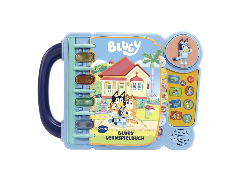 Blaues interaktives Lernbuch mit Bluey-Charakteren und Tasten.