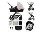 Komplettes Kinderwagen-Set mit Babywanne, Sportsitz, Babyschale und Zubehör in Beige und Schwarz.