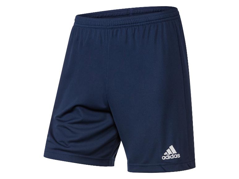 Dunkelblaue Adidas Sport Shorts mit weißem Logo.
