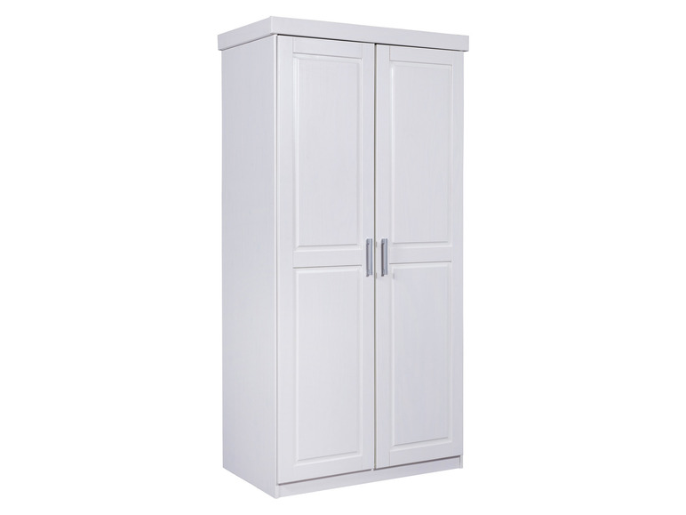 Ein weißer Kleiderschrank mit zwei Türen.