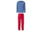 Blaues Langarmshirt mit „FAMILY TIME“-Aufschrift und rote Pyjamahose.