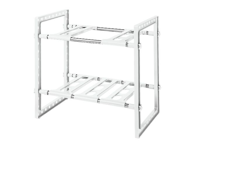 Weißer Metallregal mit zwei Regalbrettern zum Organisieren von Gegenständen.
