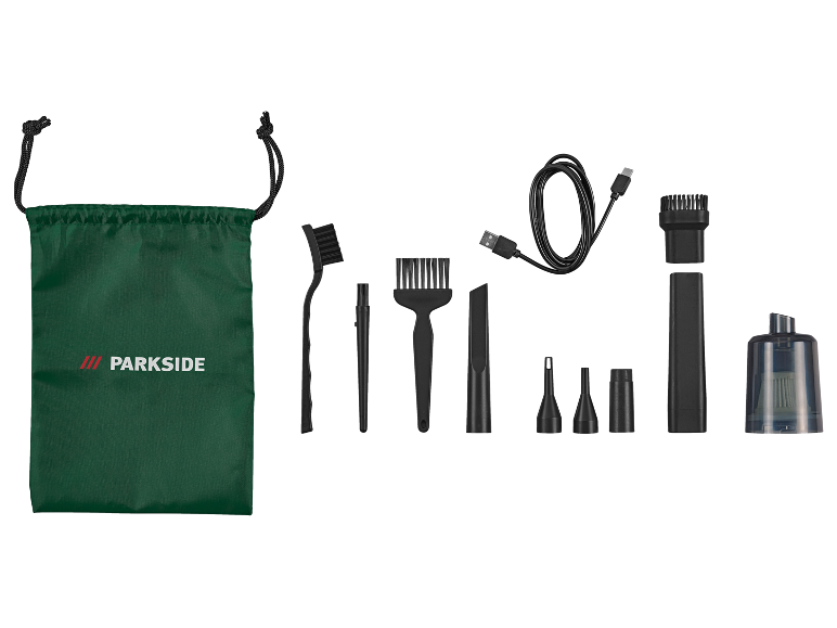 Reinigungszubehör-Set mit Bürsten, Düsen und USB-Ladekabel, in einer grünen Tasche.
