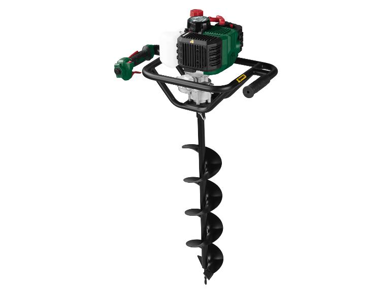 Benzin-Erdbohrer mit grünem Motor und schwarzem Spiralbohrer.