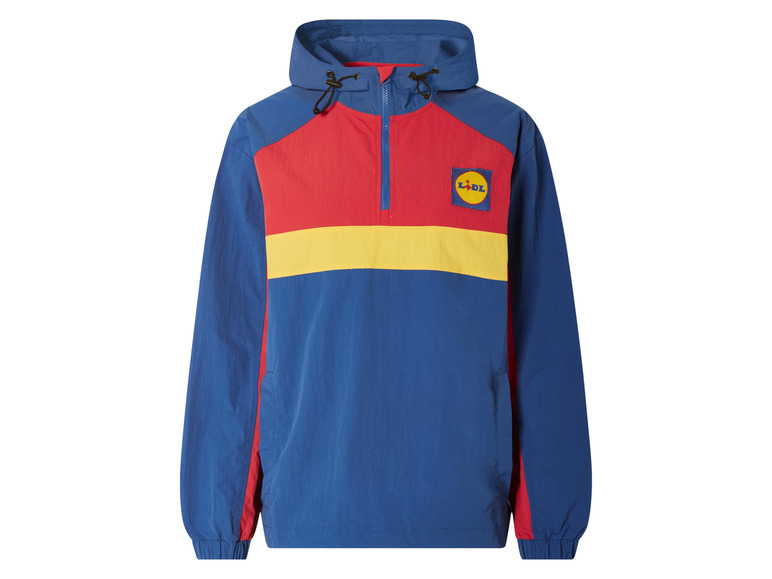 Blaue Windjacke mit roten und gelben Details und Lidl-Logo.