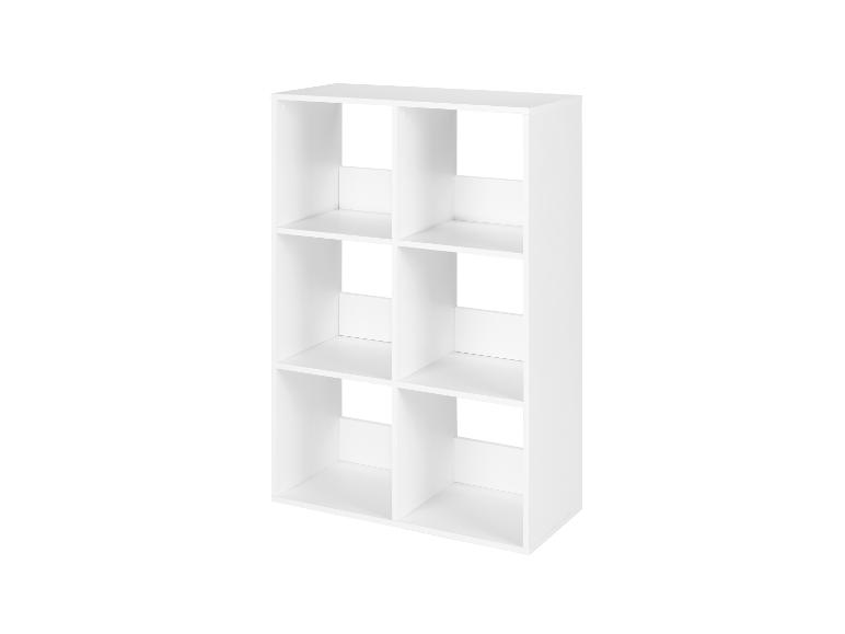 Weißes Aufbewahrungsregal mit sechs Fächern, ideal zum Organisieren von Büchern und Gegenständen.