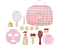Rosa Spa- und Schönheitsspielset mit Tasche, Spiegel, Gesichtsmaske und verschiedenen Holzaccessoires.