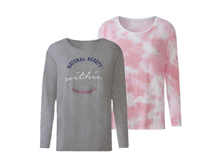 Zwei Langarmshirts: ein graues Shirt mit dem Schriftzug 'Natural beauty within, love yourself' und ein rosafarbenes Shirt mit Tie-Dye-Muster.