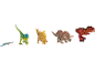 Eine Sammlung von Dinosaurier-Spielzeugen, darunter ein Flugsaurier, Velociraptor, Stegosaurus, Triceratops und T-Rex.