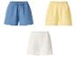 Drei Musselin-Shorts in Blau, Gelb und Weiß.