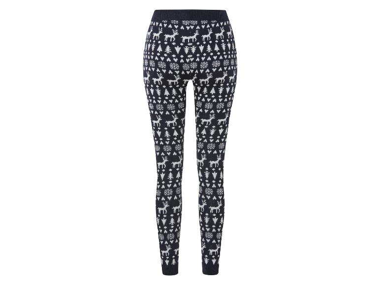 Dunkelblaue Leggings mit Weihnachtsmuster, Rentieren und Weihnachtsbäumen.