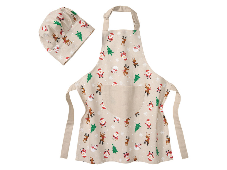 Eine Weihnachtskochmütze und eine Schürze mit Rentieren, Weihnachtsmännern und Schneemännern.