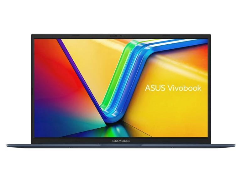 Offenes Laptop mit farbigem Bildschirm und dem Produktnamen