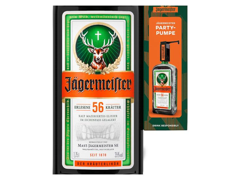 Jägermeister 1,75L Flasche und Geschenkverpackung mit Partypumpe.