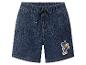 Dunkelblaue Jeans-Shorts mit elastischem Bund und Welpen-Aufdruck.