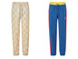 Zwei Hosen: eine beige Hose mit Lidl-Logos und eine blaue Hose mit roten Streifen.