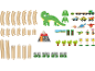 Holzeisenbahnschienen und Dinosaurierspielzeug, inklusive Zügen, Figuren und Landschaftselementen.