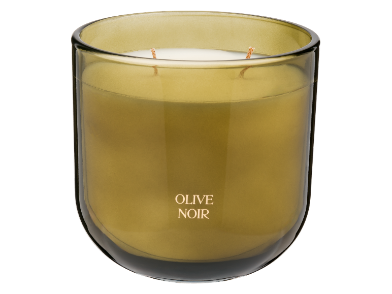 Duftkerze Olive Noir in einem dunkelgrünen Glasgefäß mit zwei Dochten.