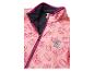 Rosa Fleecejacke mit Bausteinmuster und lila Reißverschluss.